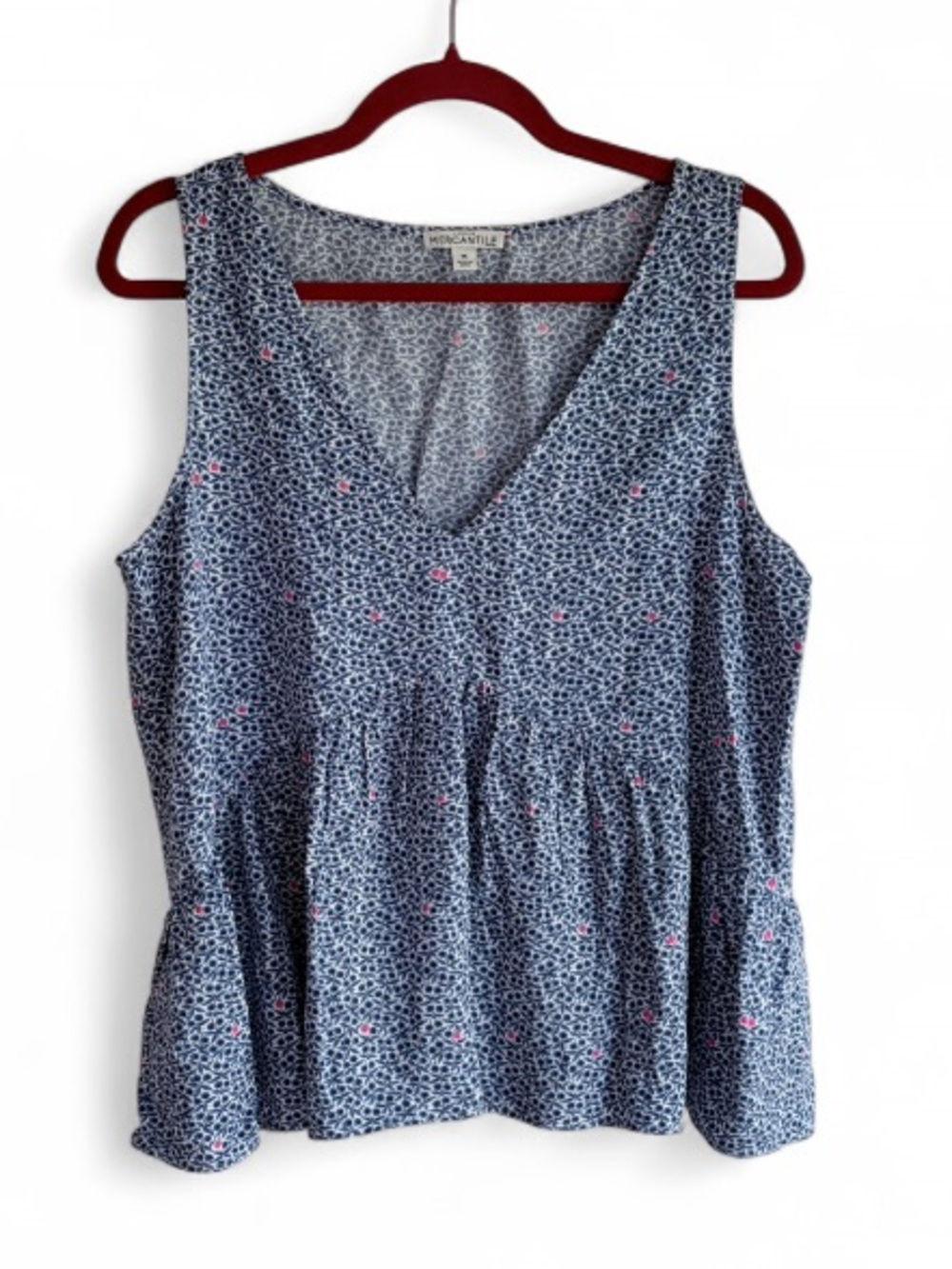J. Crew V Neck Blue Floral Ruffle Bottom Peplum Sleeveless Shirt Size M